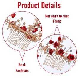 MBAIYO Red Flower Hair Comb, Gold Rose Crystal Bridal Hair Side Comb