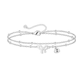 IVELECT Layered Bow bracelet Charm Initial Bracelet Silver Adjustable Bracelet Jewellery for Women Birthday Christmas Gifts for Teenage Girl Mum Sisters Girlfriend (I)