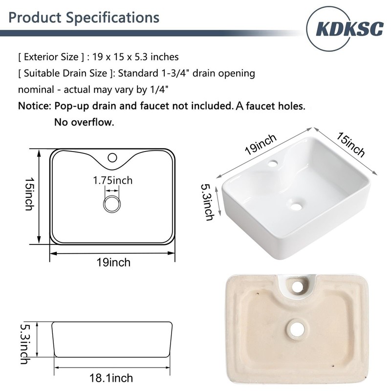 KDKSC Bathroom Vessel Sink 19"x15" Rectangular White Bathroom Sink with