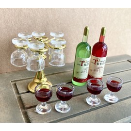 USAminiature 13pcs Set Dollhouse Miniature Red Wine Bottles resin Cups Metal Rack Set  Decor