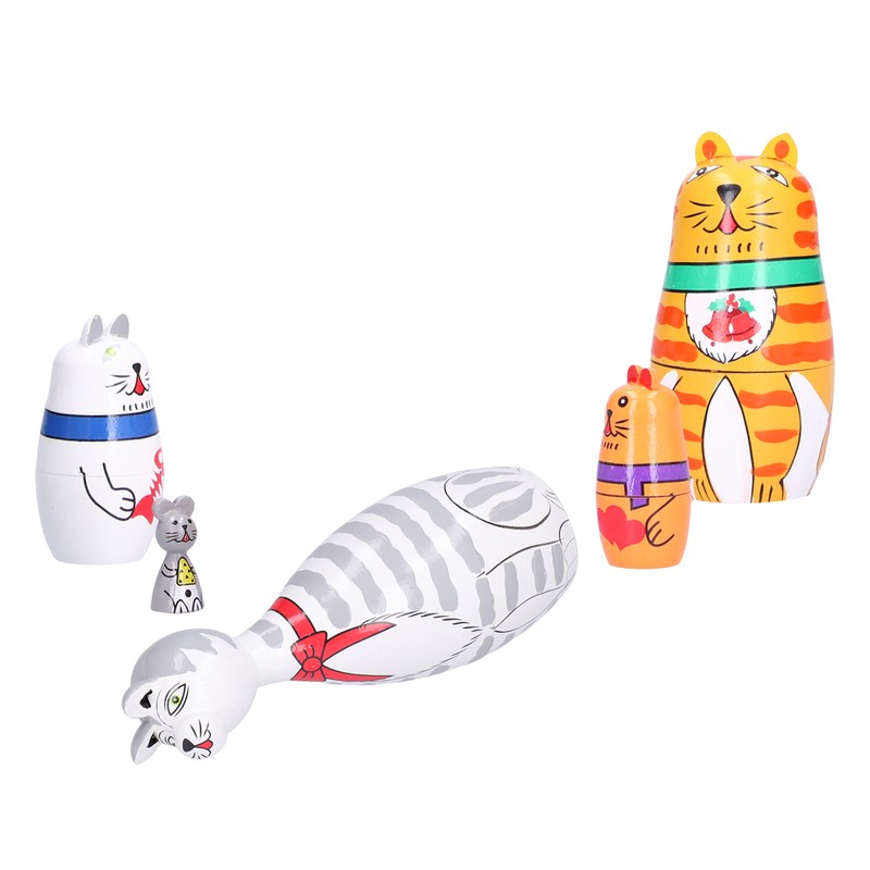 5Pcs Nesting Dolls Kit Innovative Cartoon LongNecked Cat Ornament Wooden