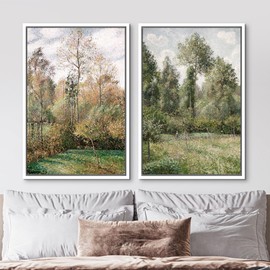 MUDECOR Framed Canvas Print Wall Art Set Autumn Forest Scene with Lush Greenery Illustrations Modern Art Decorative Bohemian Calm/Zen for Living Room, Bedroom, Office - 16"x24"x2 WHITE