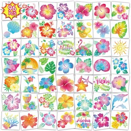 Qpout 96PCS Glitter Hibiscus Temporary Tattoos for Kids & Women,Summer Hawaiian Flower Tattoos, Aloha Party Luau Beach Favors, Tropical Theme Decorations