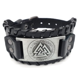 AB Viking Crafts Vikings Viking Bracelet Valknut Wotan Knot Leather Metal Black Silver, Leather