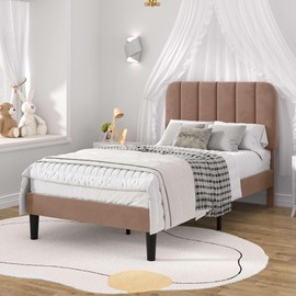VECELO Twin Size Bed Frame with Upholstered Headboard, Velvet Platform Bedframe Mattress Foundation, Strong Wood Slat Support, No Box Spring Needed,Warm Brown