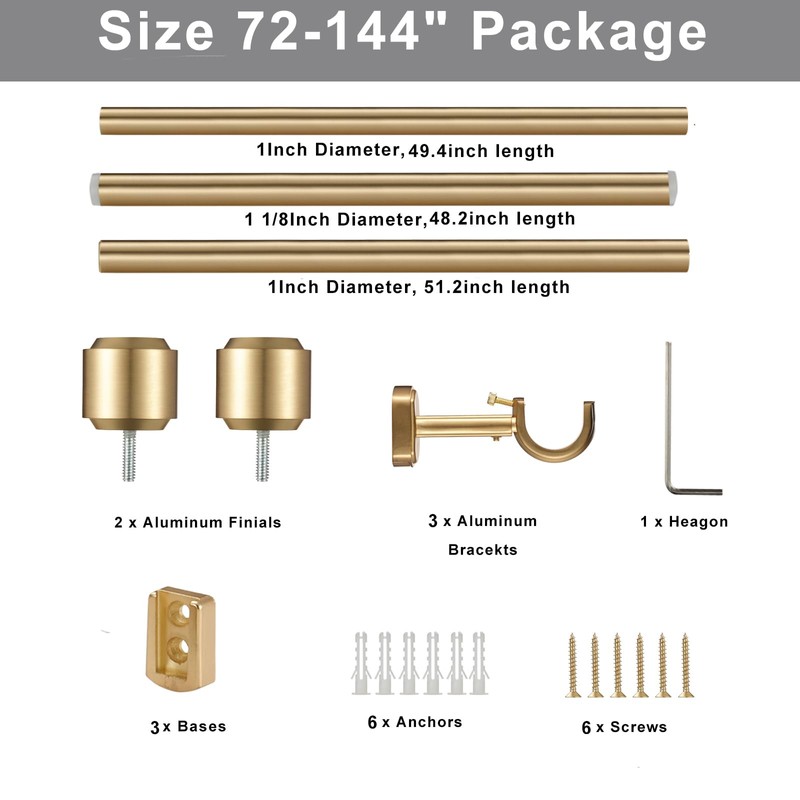 Heavy Duty Curtain Rods, 1 1/8 Inch Diameter Single Curtain