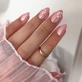 Short Pink Press on Nails Almond Fake Nails with Floral Design Glossy Gradient Pink Valentines Nails Cute False Nails Short Acrylic Glue on Nails Spring Cherry Blossom Stick on Nails for Women 24Pcs