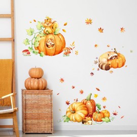 Fall Thanksgiving Pumpkin Wall Decals Squirrel Hedgehog Autumn Leaves Wall Stickers Peel and Stick Autumn Harvest Wall Art Decor for Bedroom Living Room Kitchen Dining Room Party Autumn Home Decor