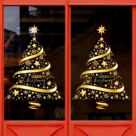 Rchovsam Golden Christmas Tree Window Clings Stickers for Glass Large Gold Xmas Tree Window Stickers Large DIY Static Wall Window Door Mural Showcase Decal Sticker - 18x24 Inches