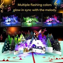 3D Pop Up Christmas Card with Music & Lights - Festive Card with Santa Claus, Plane, Reindeer & Winter Landscape - Unique Christmas Card for Family, Friends, and Lovers, with Envelope