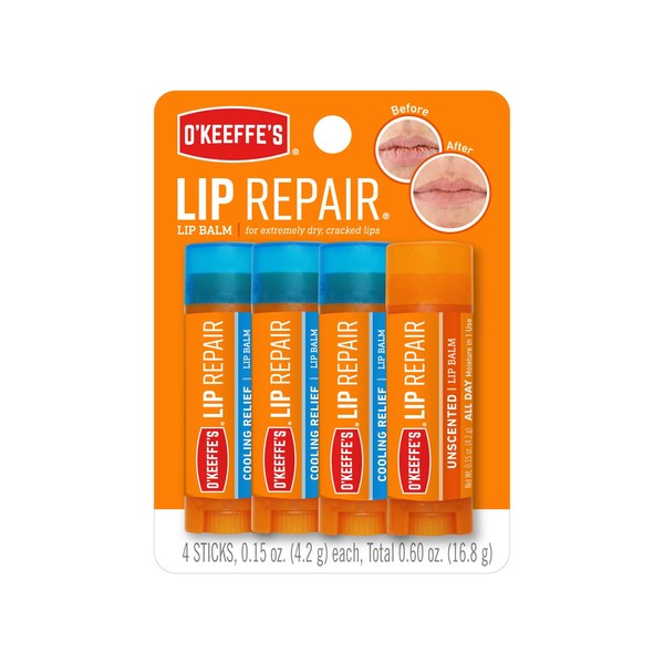O'Keeffe's Lip Repair Lip Balm for Dry, Cracked Lips, Stick, (Pack of 4: 3 Cooling + 1 Unscented)