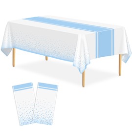LIKAJON 2 Pack White and Light Blue Tablecloth Party Decorations Plastic White Tablecloth Printed Light Blue Table Runner 54 x108 Inch Disposable Rectangle Table Cover for Birthday Wedding Graduation