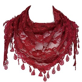 GFM Triangle Scarf with Rose Pattern Tassels & Lace - Berry Red - (88)(TRI-500-BLL)