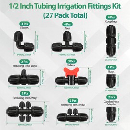 RedChili 27 Pcs 1/2 Inch Irrigation Tubing Fittings Kit, 16mm 1/2" Drip Tubing Barbed Locked Nuts Connectors with 4 Couplings 4 Tee 4 Ends 4 Elbows 3 Switch Valves 6 Reducers 2 Hose Adapters
