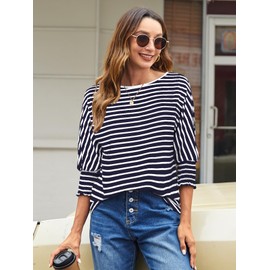 Bluetime Women's Casual Striped Tops 3/4 Sleeve Crew Neck T Shirts Comfy Loose Basic Pullover Blouse (Stripe Navyblue,X-Large)