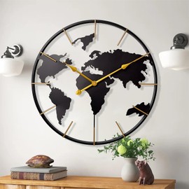 KEQAM Large World Map Wall Clock,Metal Minimalist Modern Clock,Round Silent Non-Ticking Battery Operated Wall Clocks for Living Room/Home/Kitchen/Bedroom/Office/Farmhouse Decor (24 Inch)