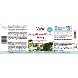 Bacopa Monnieri Extract, 500 mg, 60 Capsules, Standardised Extract, 20% Bacoside, Ayurvedic Herb Brahmi, High Dose and Vegan, Quality from Germany ViVe Supplements