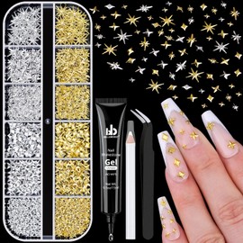 660Pcs 3D Star Nail Charms, Gold & Silver Multi-Shapes Metallic Nail Art Gems,Bedazzling Small Nail Cross Craft Jewels Nail Rhinestones Accessories Decor with Tweezers, Pick-up Pencil and 15ml Glue