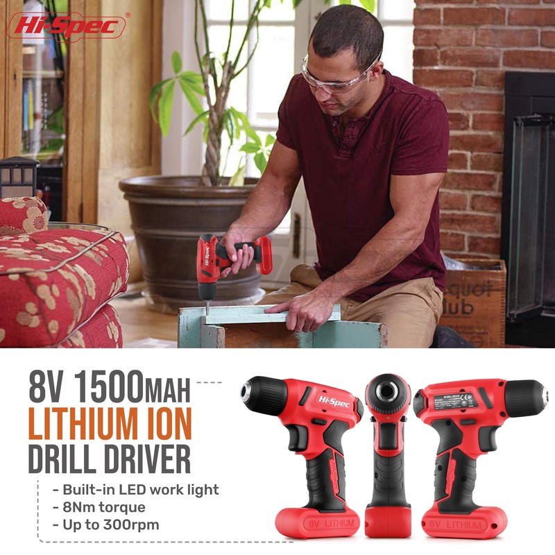 Hi-Spec 58pc Red 8V USB Electric Power Cordless Drill Driver