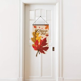 Celebrate Fall Door Sign Door Decor Welcome Banner, Hanging Welcome Door Sign Banner Fabric for Thanksgiving Decoration Happy Autumn(Maple)