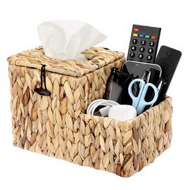 Sumnacon Square Woven Tissue Box Cover - Decorative Cube Wicker Tissue Box Holder with Side Organizer, Rustic Water Hyacinth Tissue Holder for Living Room Vanity Night Stand Table Countertop Office