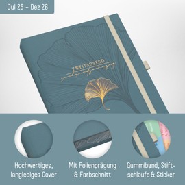 Häfft® Business-Timer Deluxe 2025/2026 A5 "Blue Ginkgo" Buchkalender 18 Monate: Juli 2025 bis Dez. 2026 - Terminplaner, Wochenkalender, Terminkalender, Wochenplaner - nachhaltig & klimafreundlich