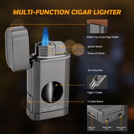 SCARRA Cigar Torch Lighter, Multi-Function 3-in-1 Torch Lighter Gift for Men, Butane Lighters Built-in Cigar Holder & One-Touch Cigar Cutter V Cut, Windproof Triple Jet Flame Lighter for Men