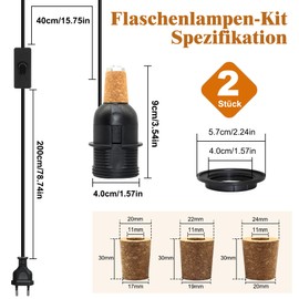 Lamp Holder for Bottles, Pack of 2 E27 Socket with Cable and Switch 240 cm, Black Bottle Adapter Lamp, Bottle Lamp Attachment with 3 Types of Corks for Different, Lampshade for Bottles