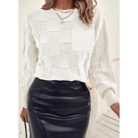 SHEWIN Fall Sweaters for Women 2025 Casual Long Sleeve Tops Trendy Loose Cable Knit Sweater Lightweight Crew Neck Womens Sweaters White Small