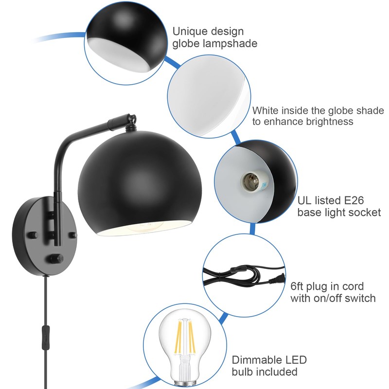 VATONI Dimmable Wall Sconces Set of 2, Plug in Wall