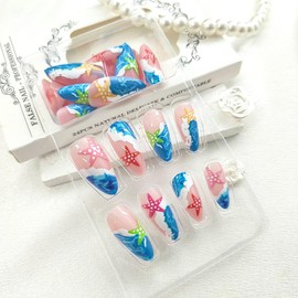 Summer Press on Nails Short Almond Fake Nails with Ocean Colorful Star Designs Blue Nails Press ons Glossy Glue on Nails White False Nails Nude Acrylic Nails Artificial Stick on Nails for Women 24Pcs