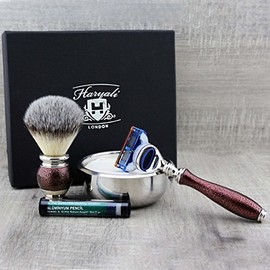 Shaving set perfect for wet shaving: synthetic hair brush & fusion razor, steel bowl & premium soap + free aluminium stick. Antique Men's Premium Collection