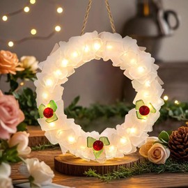 White Sea Glass Wreath with LED Lighted - Handmade 9 Inch Beach Wreath, Coastal Style Christmas Decor Wreaths for Home Decor, Door, Window, Kitchen Cabinet, Chair and Wall