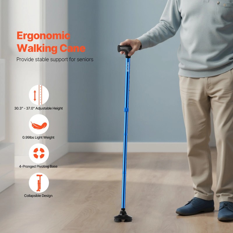 VEVOR Walking Cane Folding Walking Stick 8-Level Height 4-Pronged Pivoting
