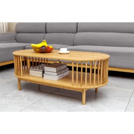 VaeFae Oval Coffee Table, Bamboo Coffee Table for Living Room, 2-Tier Farmhouse Center Table with Storage Shelf