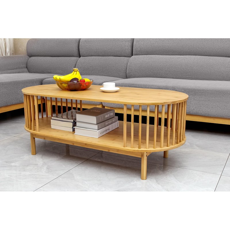 VaeFae Oval Coffee Table, Bamboo Coffee Table for Living Room,
