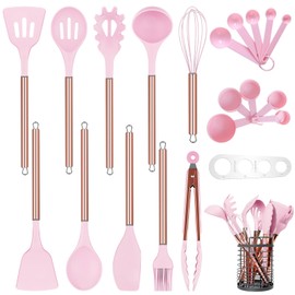 Arquiel Pink Kitchen Utensil Set with Holder, 22 Pcs Silicone Cooking Utensils Set for Nonstick Cookware, Heat Resistance Spatula Set, Stainless Steel Kitchen Gadgets Utensils Set, Gifts for Mom