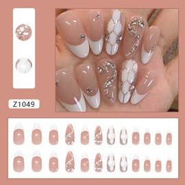 24Pcs White French Tip Press on Nails Medium Almond Fake Nails Full Cover Snake False Nails with Reusable Design Nude Acrylic Nails Pink Stick on nails Cute Glue on Nails for Women Manicure Decoration