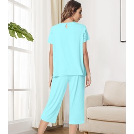 NACHILA Pajamas for Women-Viscose Made from Bamboo,Short Sleeve Sleepwear Cooling Pjs Top Ladies Soft Capri Pants Pajama Sets Aqua Green M