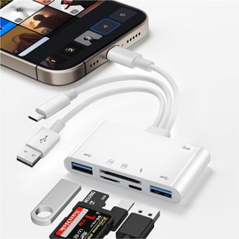 Juckier SD Card Reader, Type-C to USB/SD/TF Converter, 6 in 1 SD/TF Card, Smartphone Transfer, USB3.0 OTG Function, No Settings Required, High Speed Transmission, Camera Reader, Compatible with USB-C