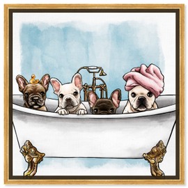 The Oliver Gal Artist Co. Animals Framed Wall Art Canvas Prints 'Frenchies in The Tub' Dogs and Puppies Home Décor, 12 in x 12 in, White, Blue
