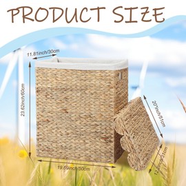 Leinuosen Large Scalloped Laundry Basket with Lid and Removable Liner Bag Natural Woven Water Hyacinth Laundry Hamper Rectangular Hamper for Clothes Towel Bathroom Bedroom, 19.69 x 11.81 x 23.62 Inch