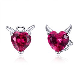 NewL 925 Sterling Silver Angel and Devil Pink Cubic Zirconia Heart Stud Earrings for Women Sterling Silver Jewelry Cubic Zirconia, 925 Sterling Silver, Cubic Zirconia, Ruby