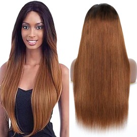 Weeybay Real Hair Wig for Women Wigs Straight Human Hair Wig Ombre Black to Brown 4x4 Lace Closure 150% Density Unprocessed Brazilian Remy Hair Glueless Wig Brown 30 Inches