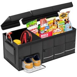 VOCAON Car Trunk Organizer with a Separate Compartment for 1 Pair of Shoes - Reinforced Handles, Waterproof, Collapsible, Multi-Compartment Car Organizer for SUV, Jeeps, Sedans (Black, Large) - 92L