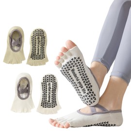 [Realwill] Women's 5 Toe Open Toe Grip Socks (2 Pairs) - Strong Anti-Slip, Antibacterial, Odor Resistant, Yoga, Pilates, Training, Workout, green + white, Free size