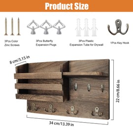 wintfarm Key board, key board with shelf, key box with 7 doubles, wooden key board, wooden key box, key holder for entrance, hallway, living room, 34 x 22 x 8 cm