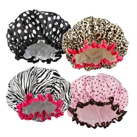 Reusable Shower Cap for Women - Extra Large Elastic Hair Bath Cap, Double Waterproof Layers for Bathing/Swimming, Eco-Friendly & Adjustable（4 Pack）
