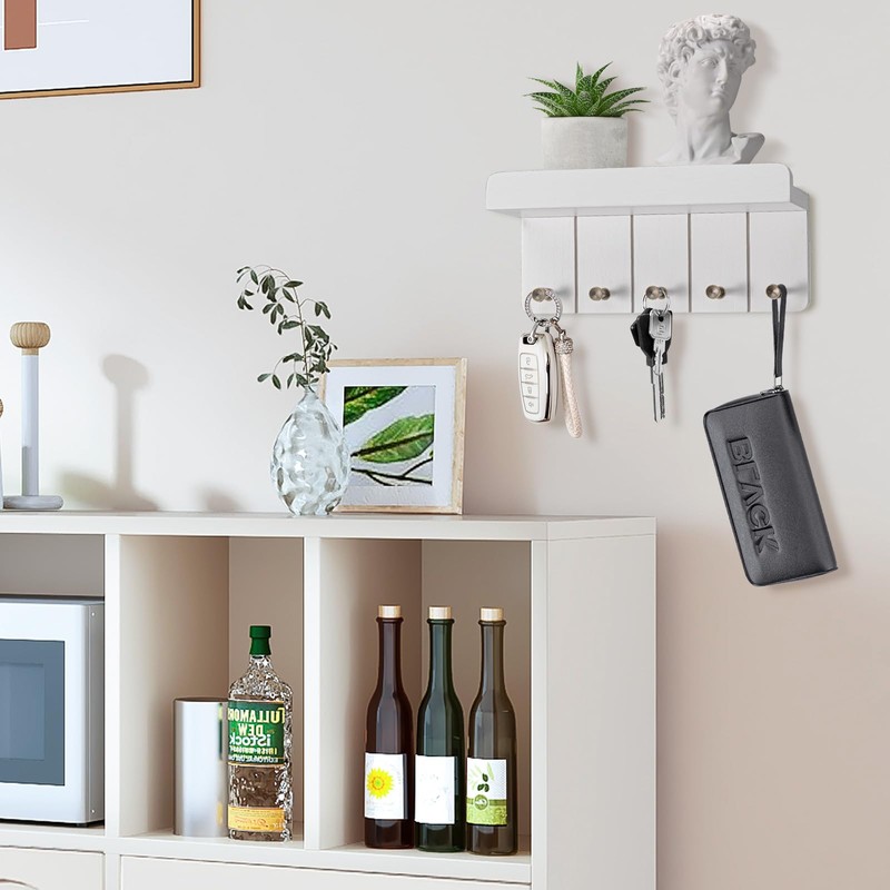 Kldgris Key Rack with Shelf, Wooden Key Holder, White, Decorative