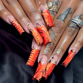 RUOKEXIN Long Press on Nails French Fake Nails Curved Nail Tips Orange False Nails with Designs Extra Curve Square Nail Press ons Sparkly Acrylic Artificial Nails Cute Stick on Nails for Women 20Pcs